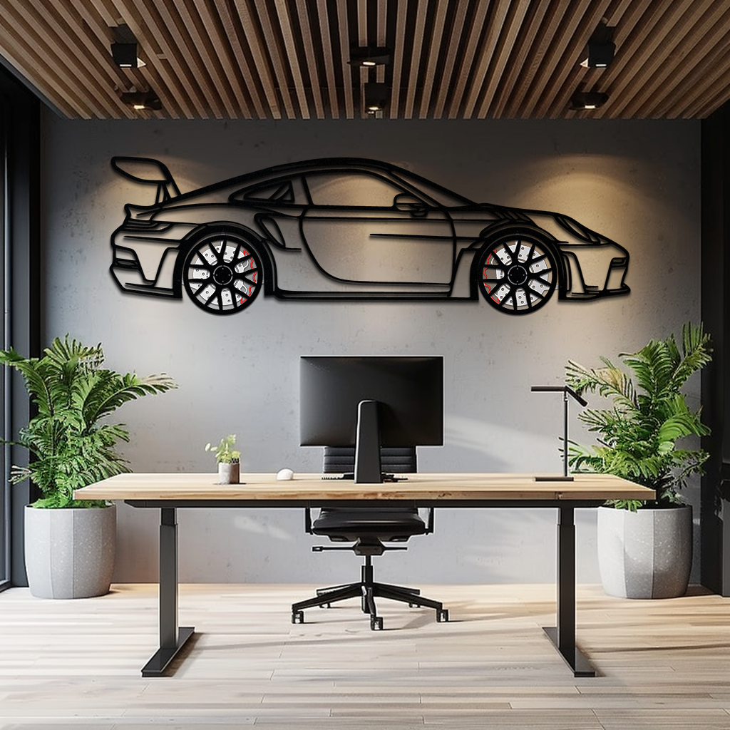 Porsche GT3 RS Style Metal Wall Art – Rotating Wheel Car Silhouette | Premium Gift for Porsche Lovers,KAFMEKA051