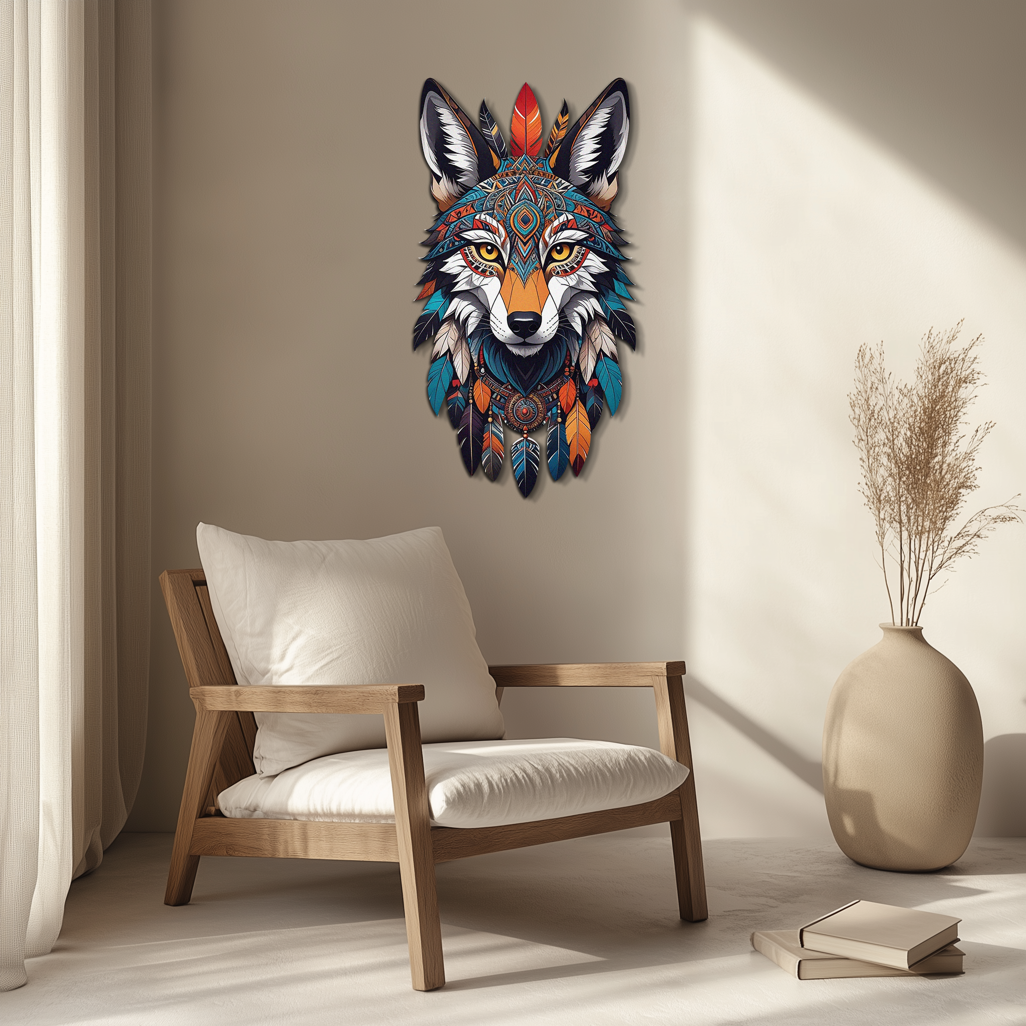 Colorful Tribal Wolf Metal Wall Art – Spirit Animal UV Decor-KAFUVM002