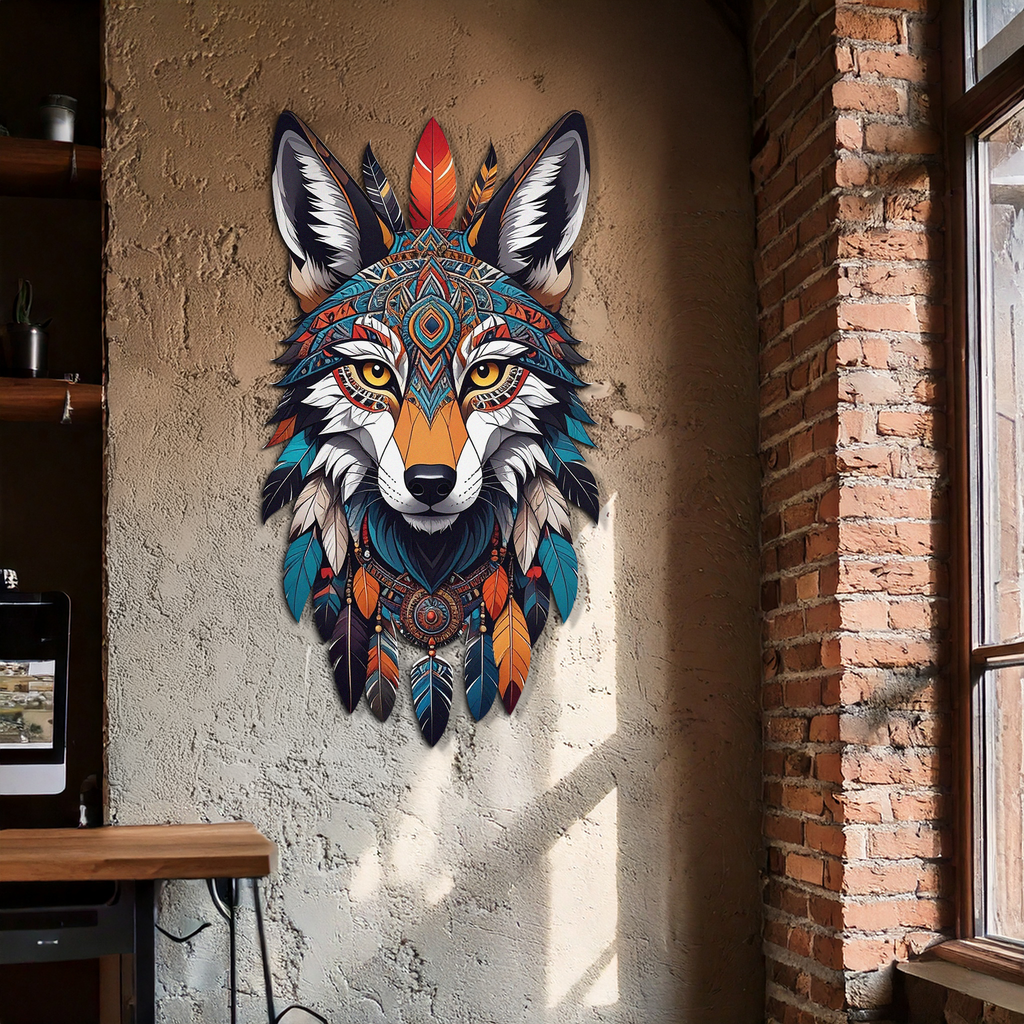 Colorful Tribal Wolf Metal Wall Art – Spirit Animal UV Decor-KAFUVM002