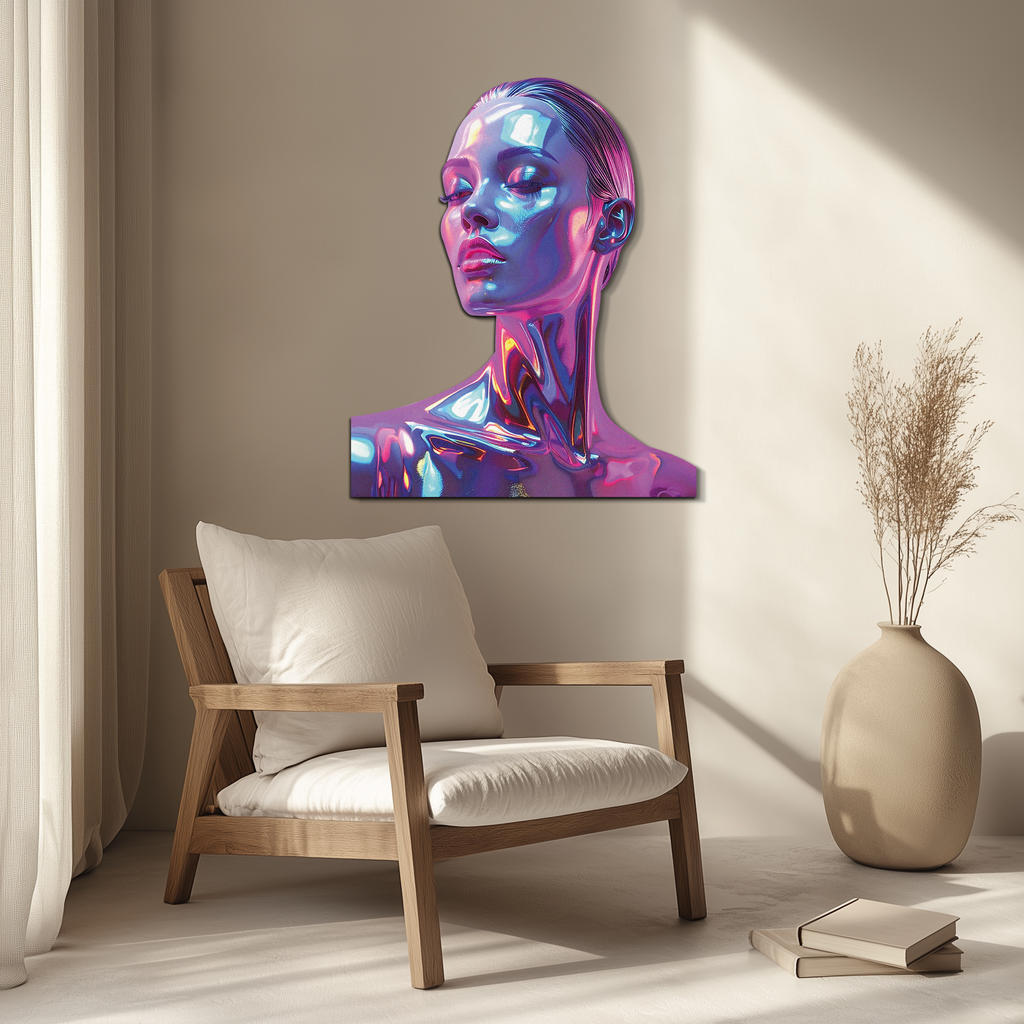 Holographic Woman Portrait Metal Wall Art – Futuristic UV Decor-KAFUVM009
