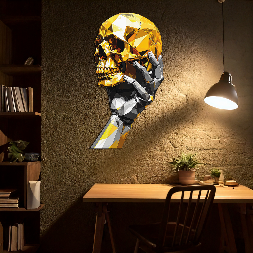 Gold Skull & Robot Hand Metal Wall Art – Futuristic UV Decor-KAFUVM013