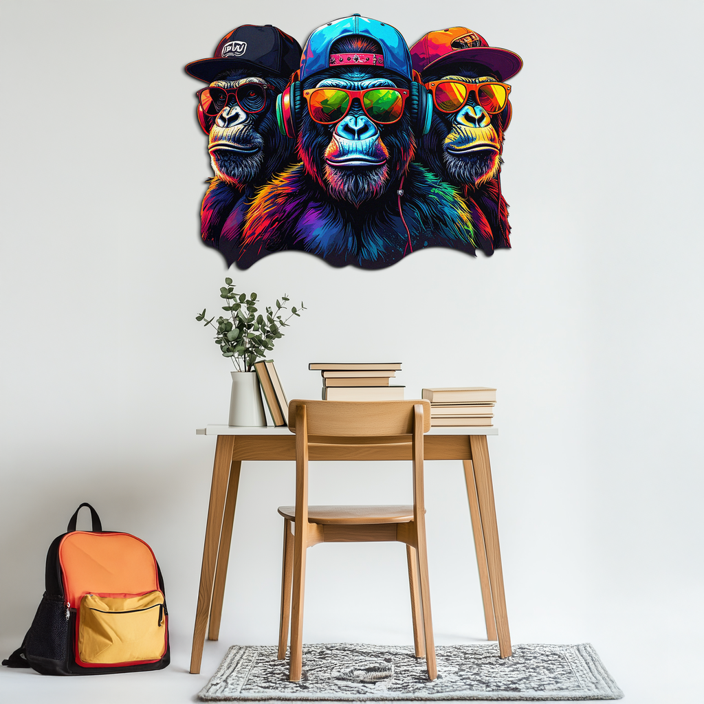 Cool Gorilla Trio Metal Wall Art – Neon Urban UV Printed Decor-KAFUVM014
