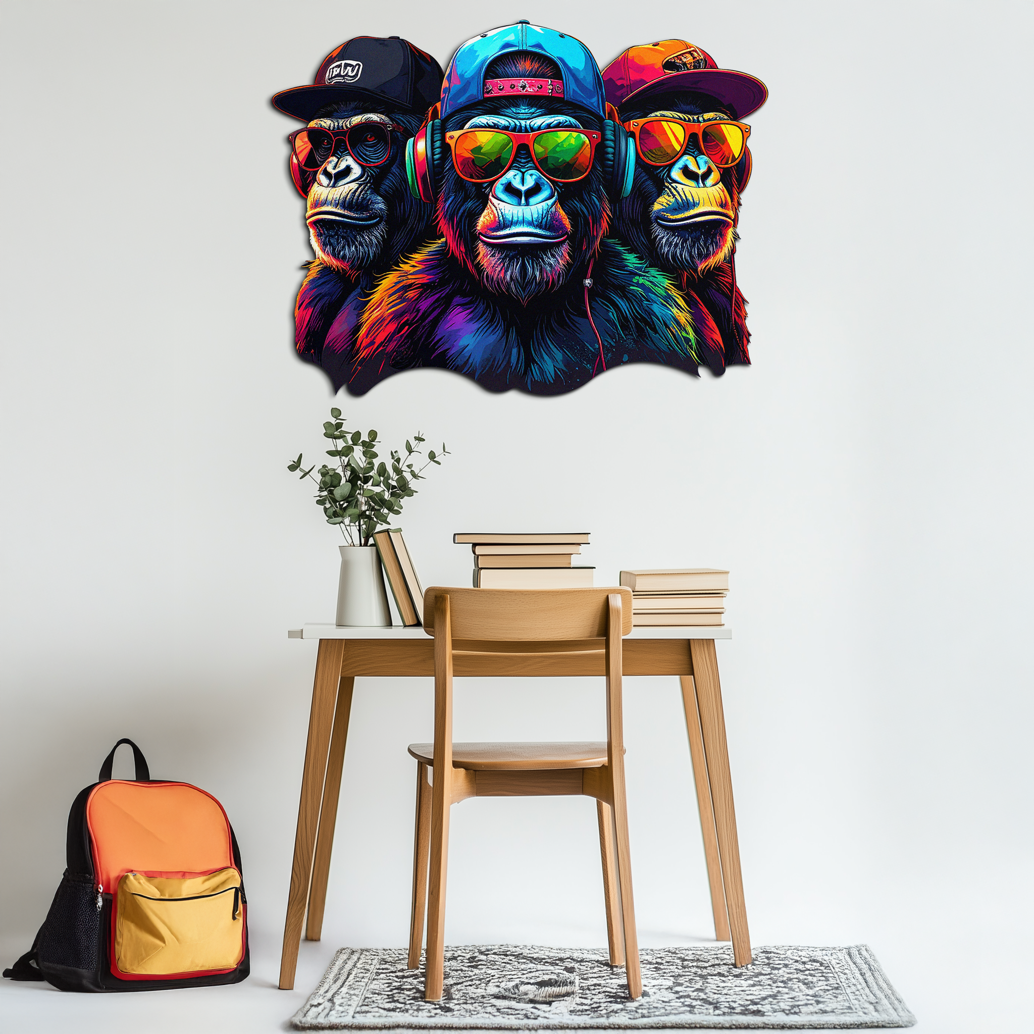Cool Gorilla Trio Metal Wall Art – Neon Urban UV Printed Decor-KAFUVM014