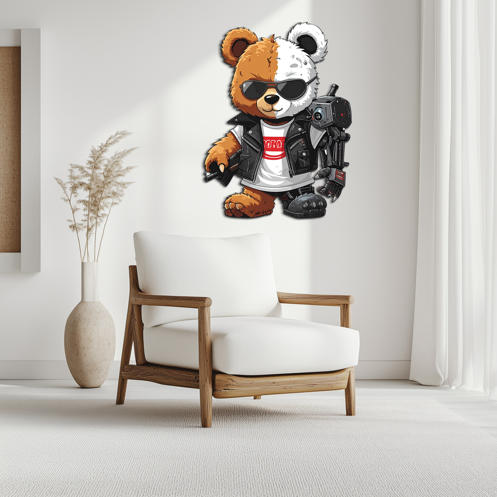 Cyborg Teddy Bear Metal Wall Art – Cool UV Printed Robo Decor-KAFUVM016