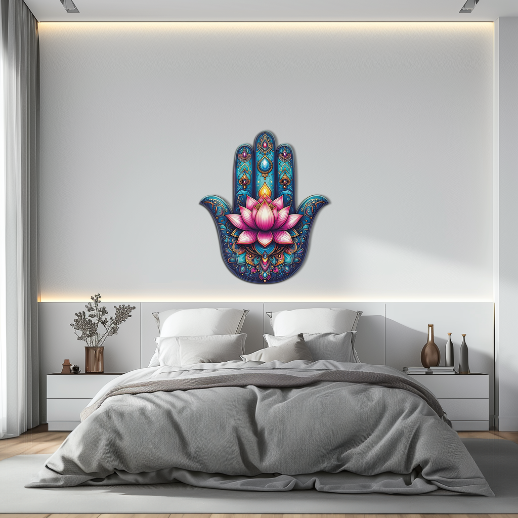 Lotus Hamsa Hand Metal Wall Art – Mystic Boho Decor-KAFUVM035