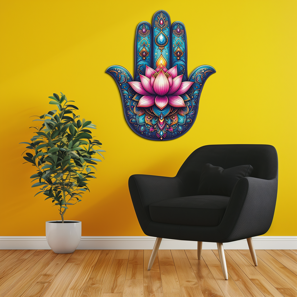 Lotus Hamsa Hand Metal Wall Art – Mystic Boho Decor-KAFUVM035