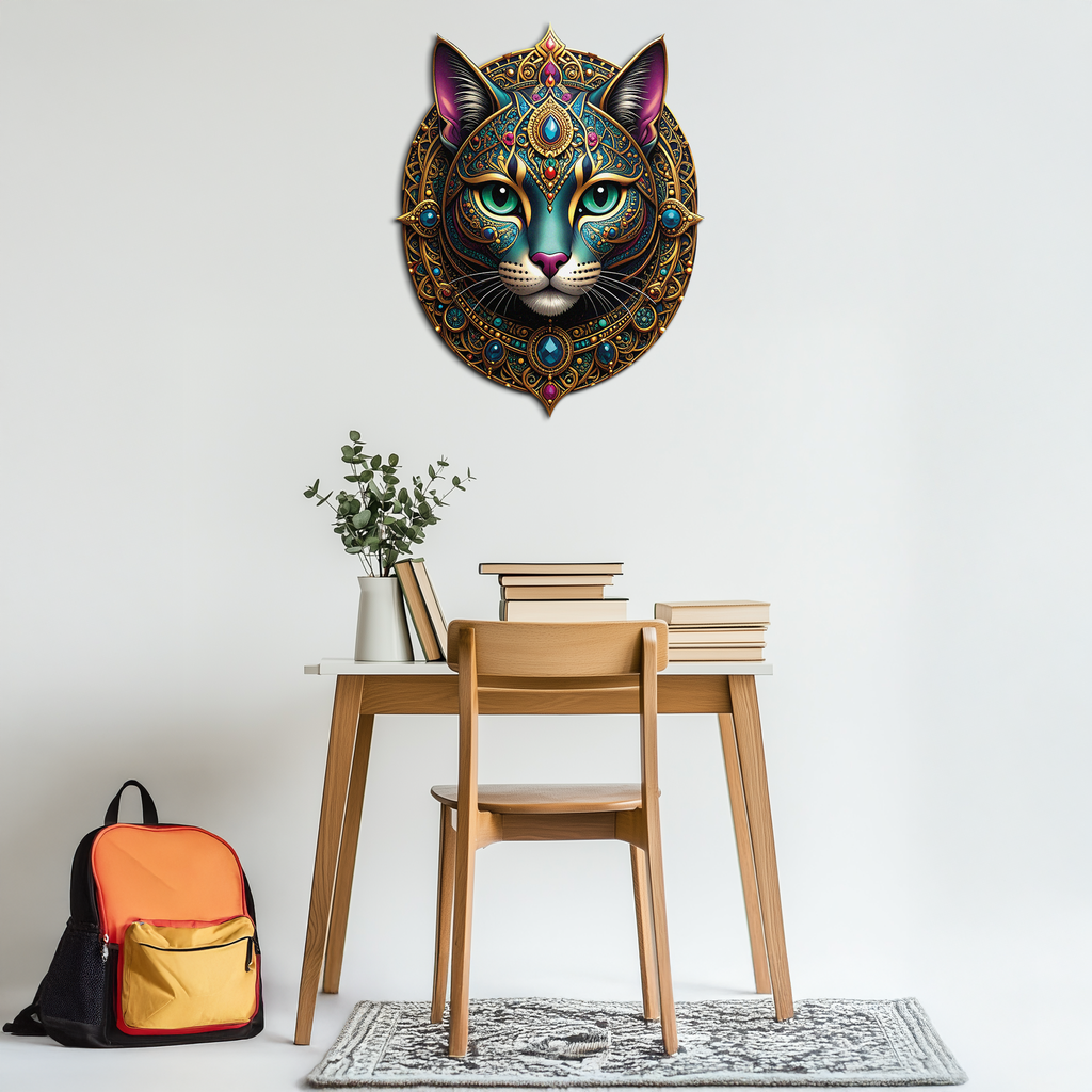 Mystic Mandala Cat Metal Wall Art – Boho Feline Decor-KAFUVM037