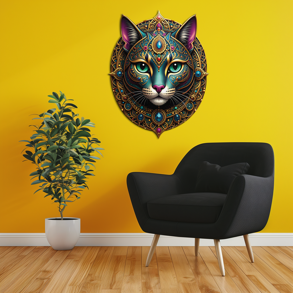 Mystic Mandala Cat Metal Wall Art – Boho Feline Decor-KAFUVM037