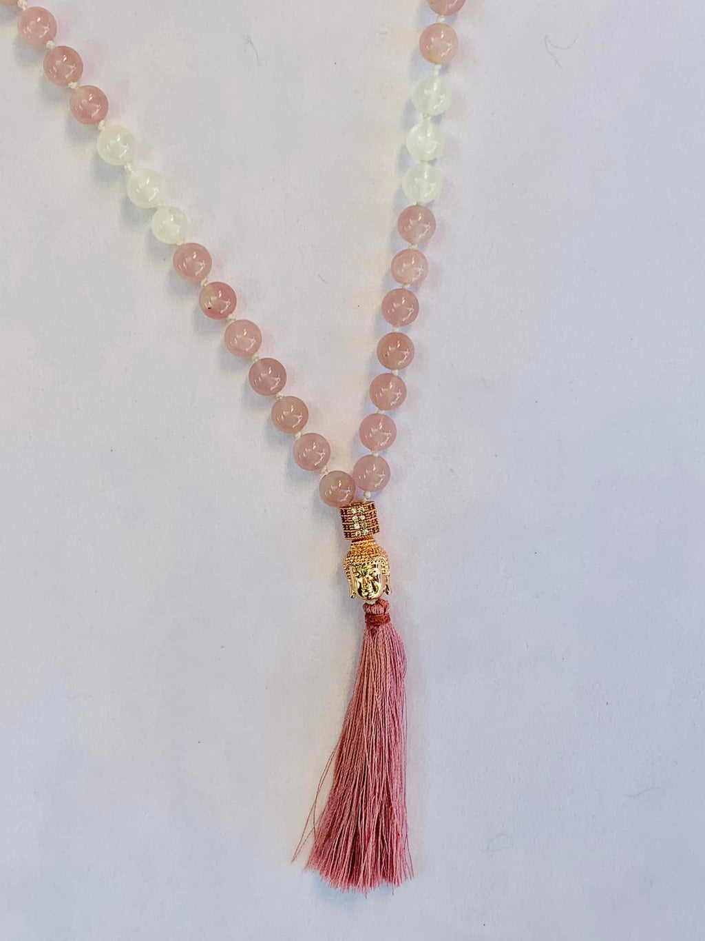 Kali Mala - Motherly Love Energy - Madagascar Rose Quartz, Gypsum, Rose Gold Colors Accent Beads with Rhinestones