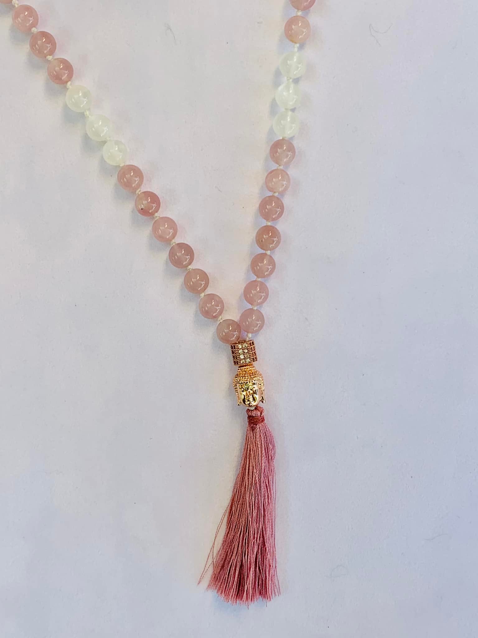 Kali Mala - Motherly Love Energy - Madagascar Rose Quartz, Gypsum, Rose Gold Colors Accent Beads with Rhinestones