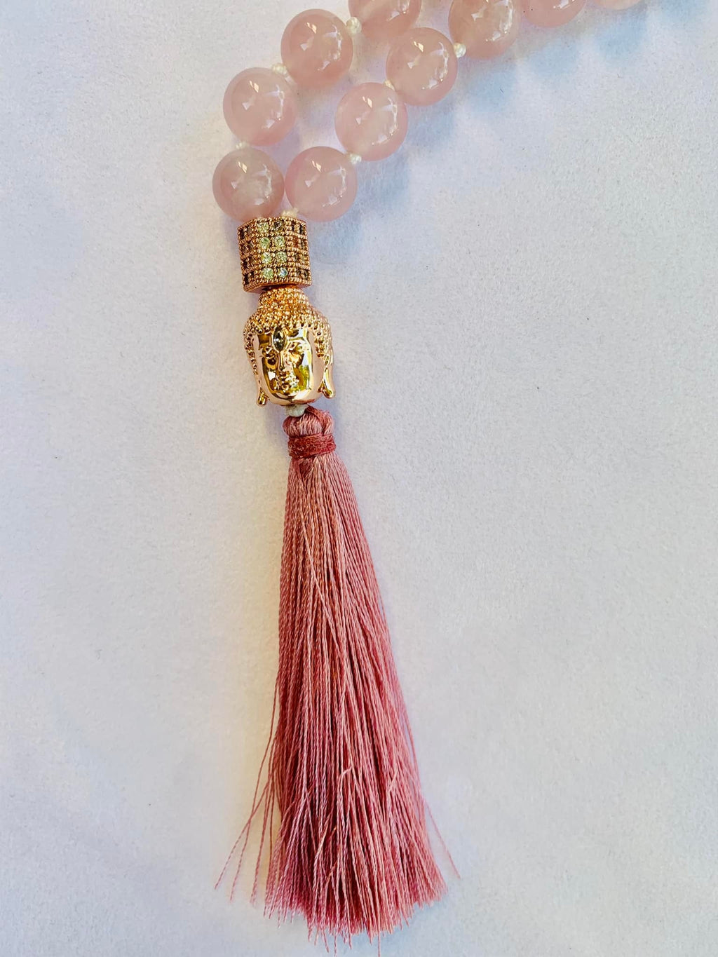Kali Mala - Motherly Love Energy - Madagascar Rose Quartz, Gypsum, Rose Gold Colors Accent Beads with Rhinestones