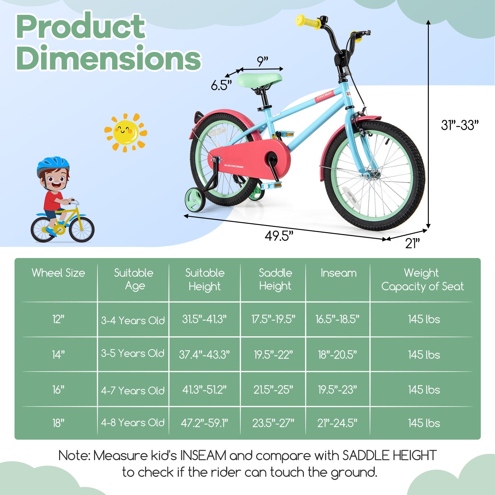 Kids Bike with Adjustable Handlebar and Saddle Blue-18 inches