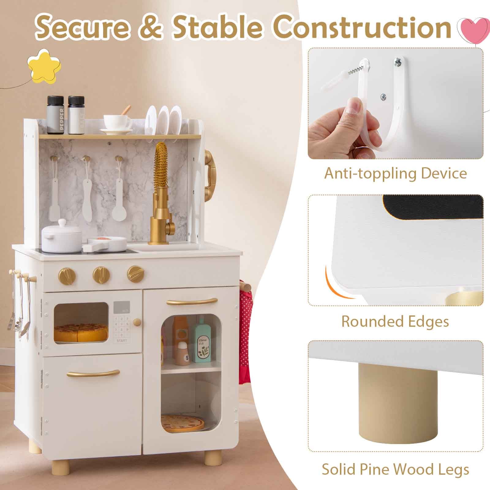 Kids Kitchen Set Pretend Play Kitchen with Stoves Faucet Sink Telephone Microwave and Oven-White