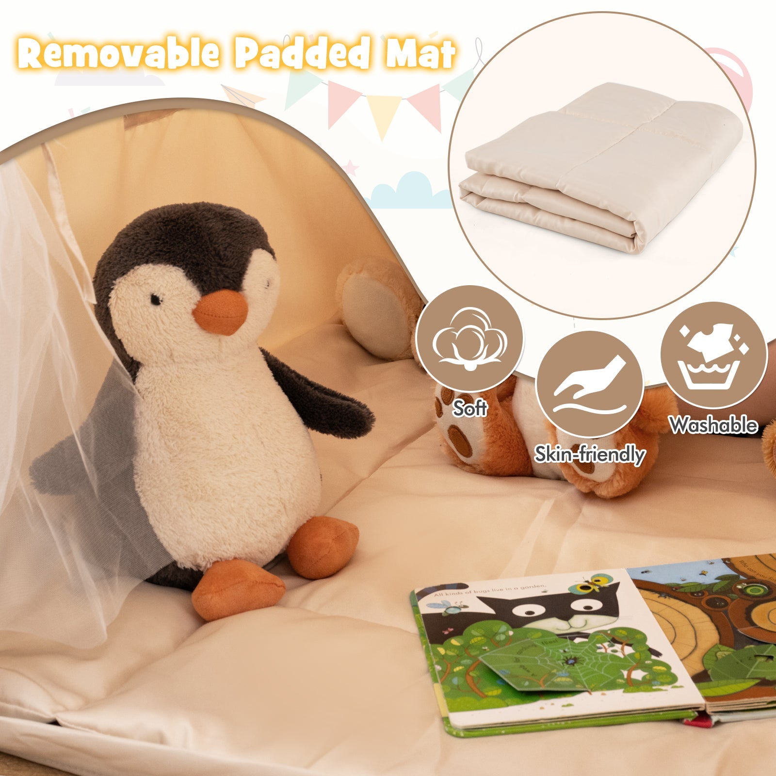 Kids Play Tent Large Playhouse with Glow in the Dark Stars and Mat-Beige