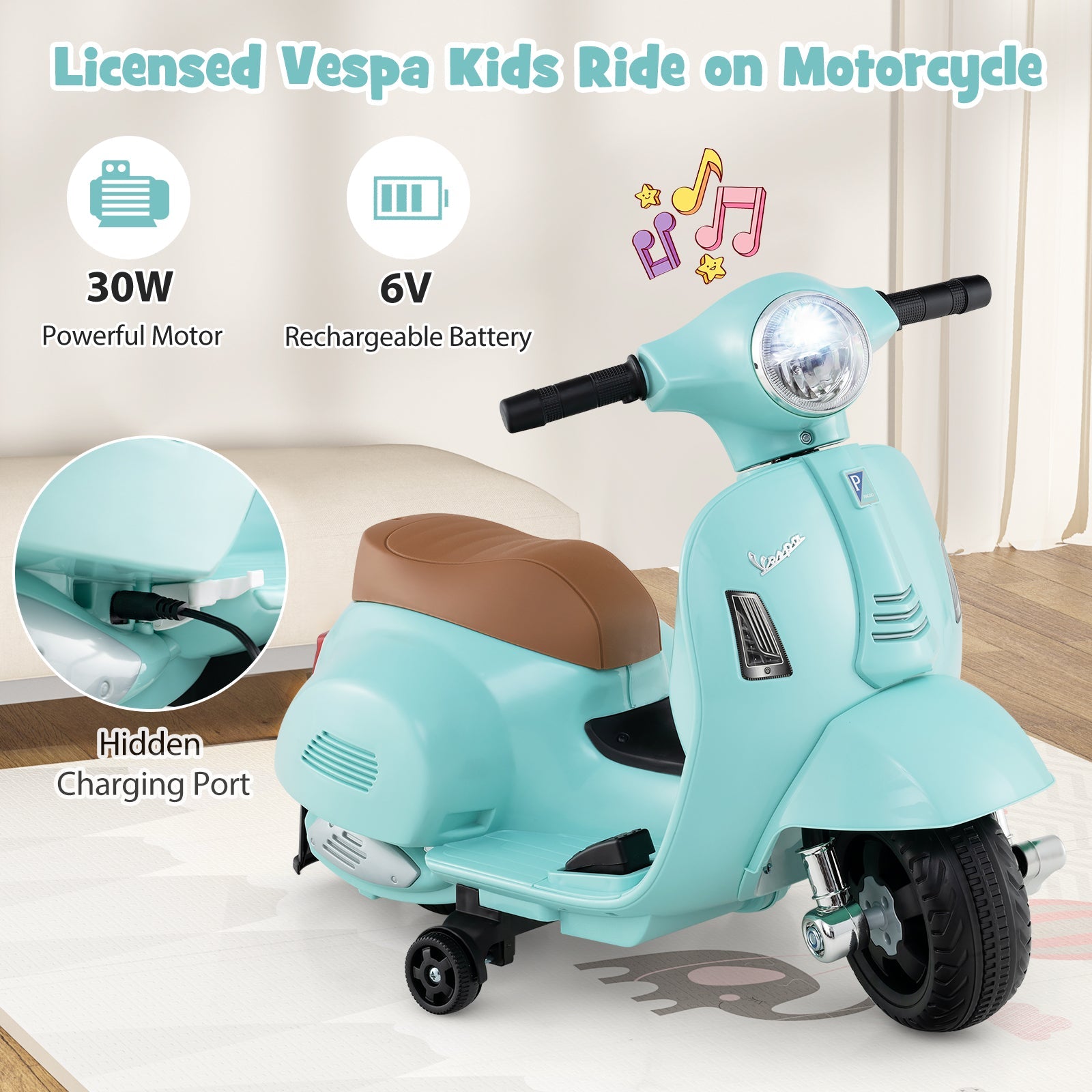 Kids Ride on Motorcycle Licensed Vespa with LED Headlight and Horn Sound-Green