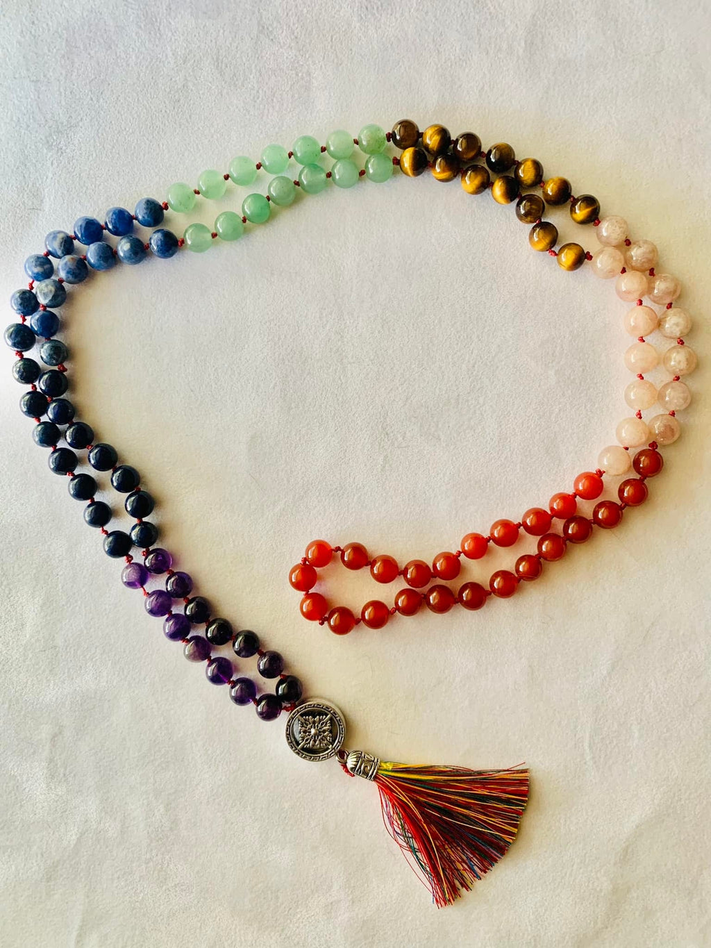 Ma'at Mala - Balance - Red Carnelian, Peach Moonstone, Yellow Tiger Eye, Green Aventurine, Sodalite, Lapis Lazuli, Amethyst