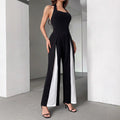 Black And White Straight Leg Halter Jumpsuit