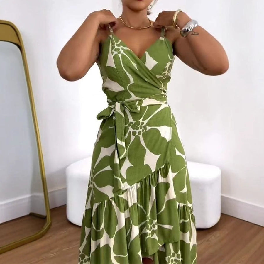 Elegance Women's Cross Collar Belt Floral Print Dress