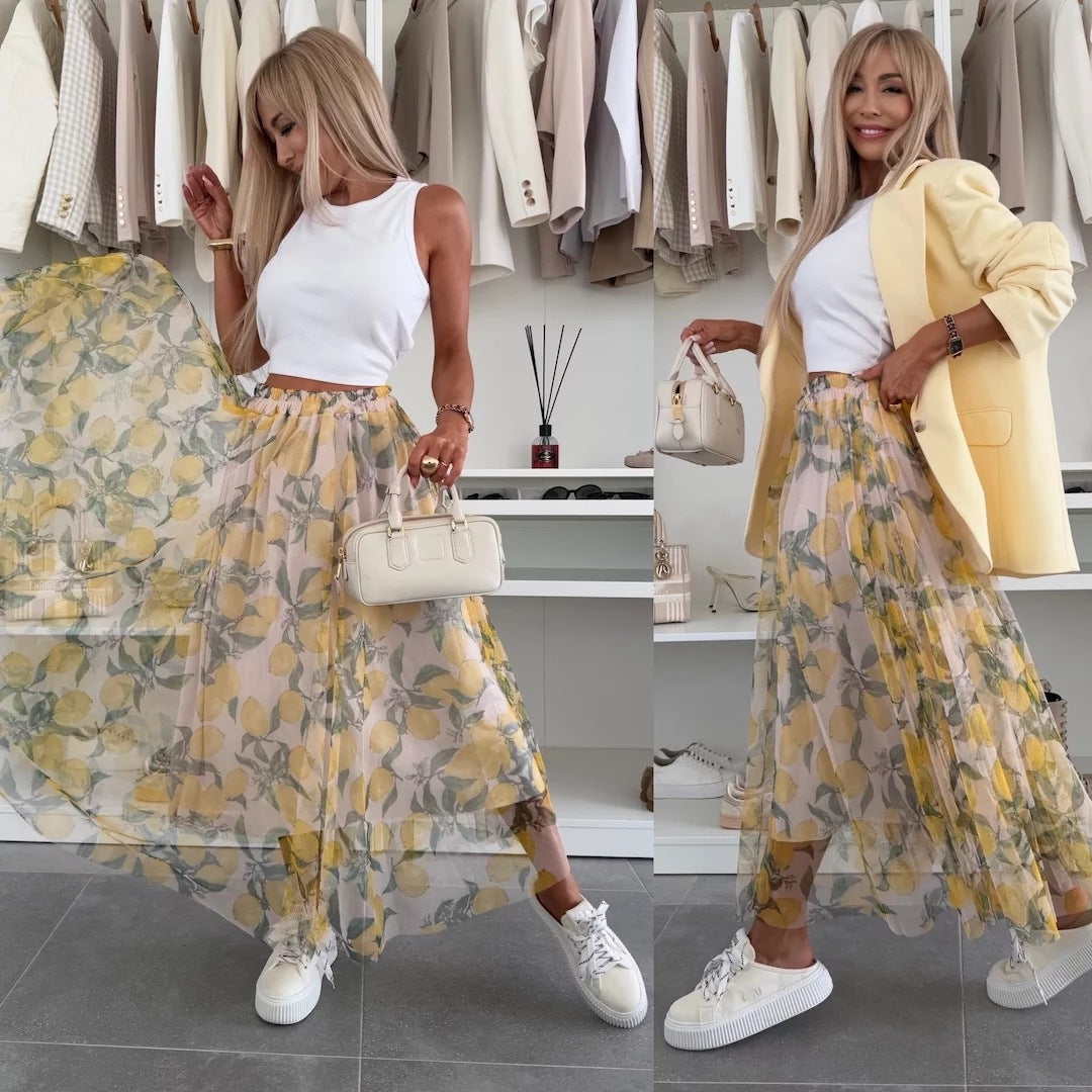 Summer New Mesh Lemon Printing Elastic Waist Large Swing Casual Skirt Women