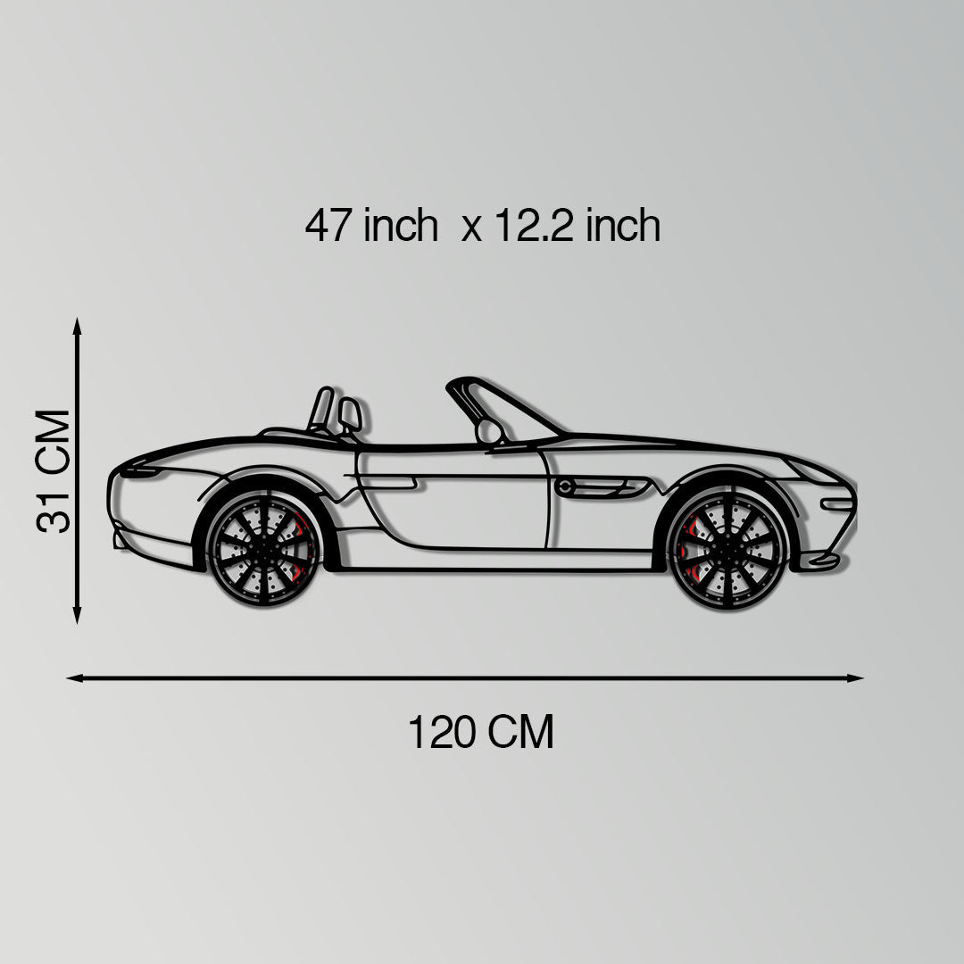 BMW Z8 Metal Car Wall Art with Rotating Wheels - Classic Luxury Roadster Silhouette - Interactive Automotive Wall Decor - KAFMEKA115