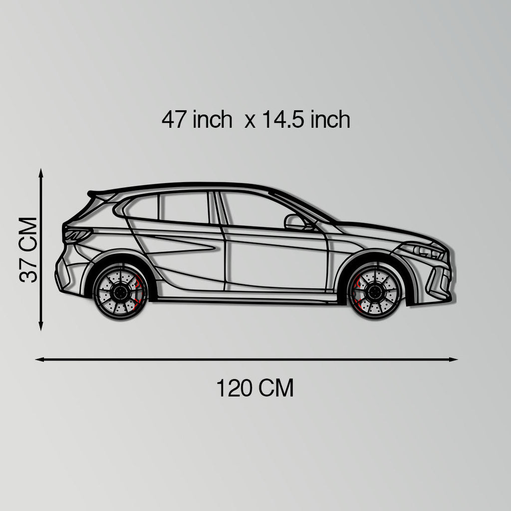 BMW 135i F40 Metal Car Wall Art with Rotating Wheels - M Performance Hatchback Silhouette - Interactive Automotive Decor - KAFMEKA102