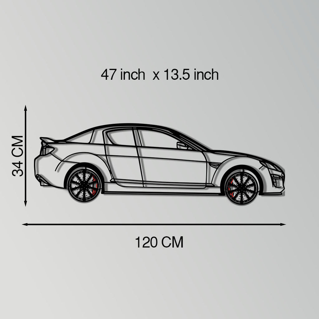 Mazda RX-8 Metal Car Wall Art with Rotating Wheels - Rotary Engine Silhouette - Interactive JDM Automotive Wall Decor - KAFMEKA148