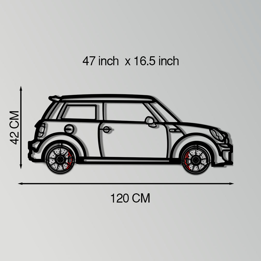 Mini Cooper Metal Car Wall Art with Rotating Wheels - Iconic British Compact Silhouette - Interactive Automotive Wall Decor - KAFMEKA151