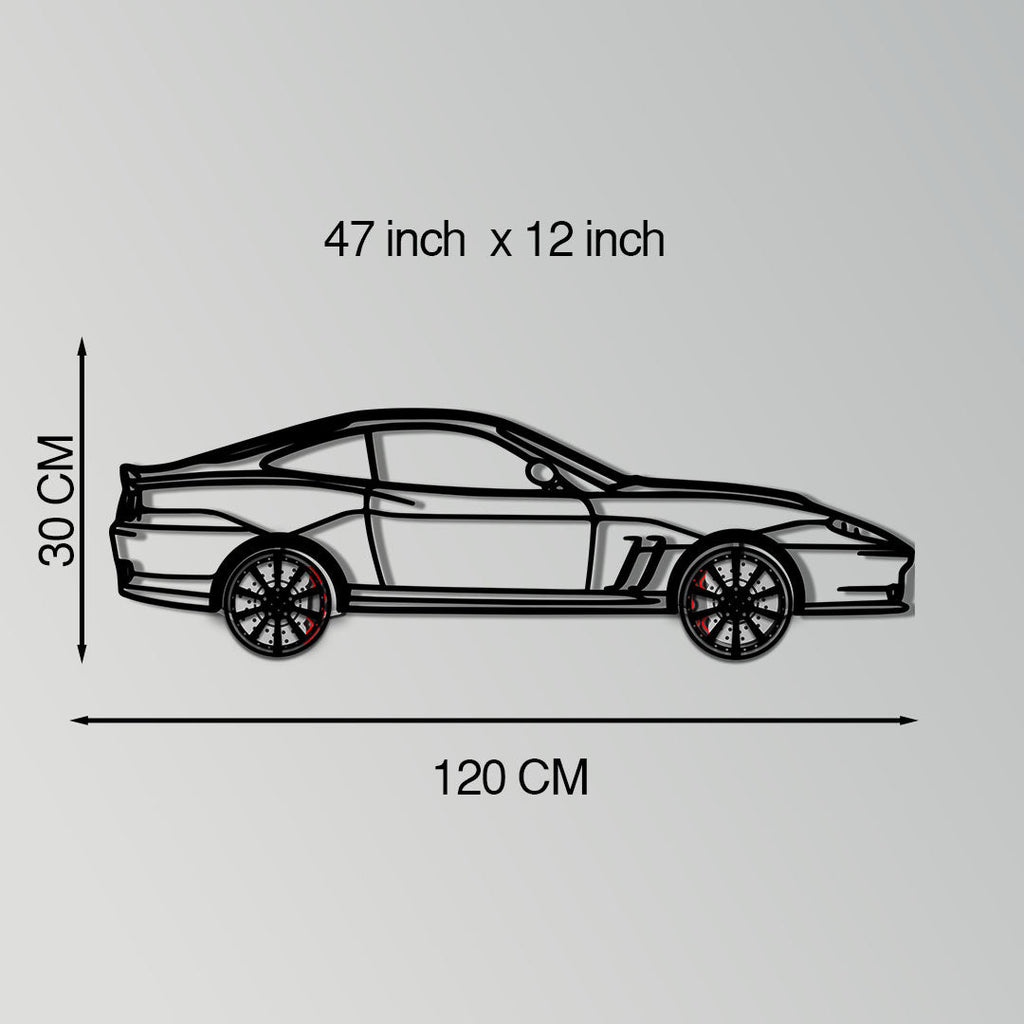 Ferrari 550 Maranello Metal Car Wall Art with Rotating Wheels - V12 Grand Tourer Silhouette - Interactive Automotive Wall Decor - KAFMEKA129