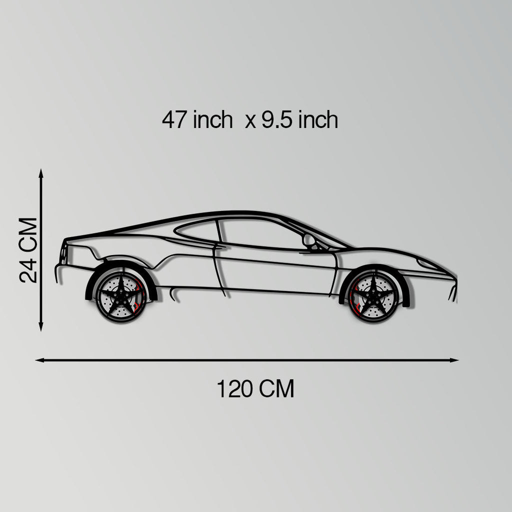 Ferrari 360 Modena Metal Car Wall Art with Rotating Wheels - Italian V8 Supercar Silhouette - Interactive Automotive Decor - KAFMEKA122