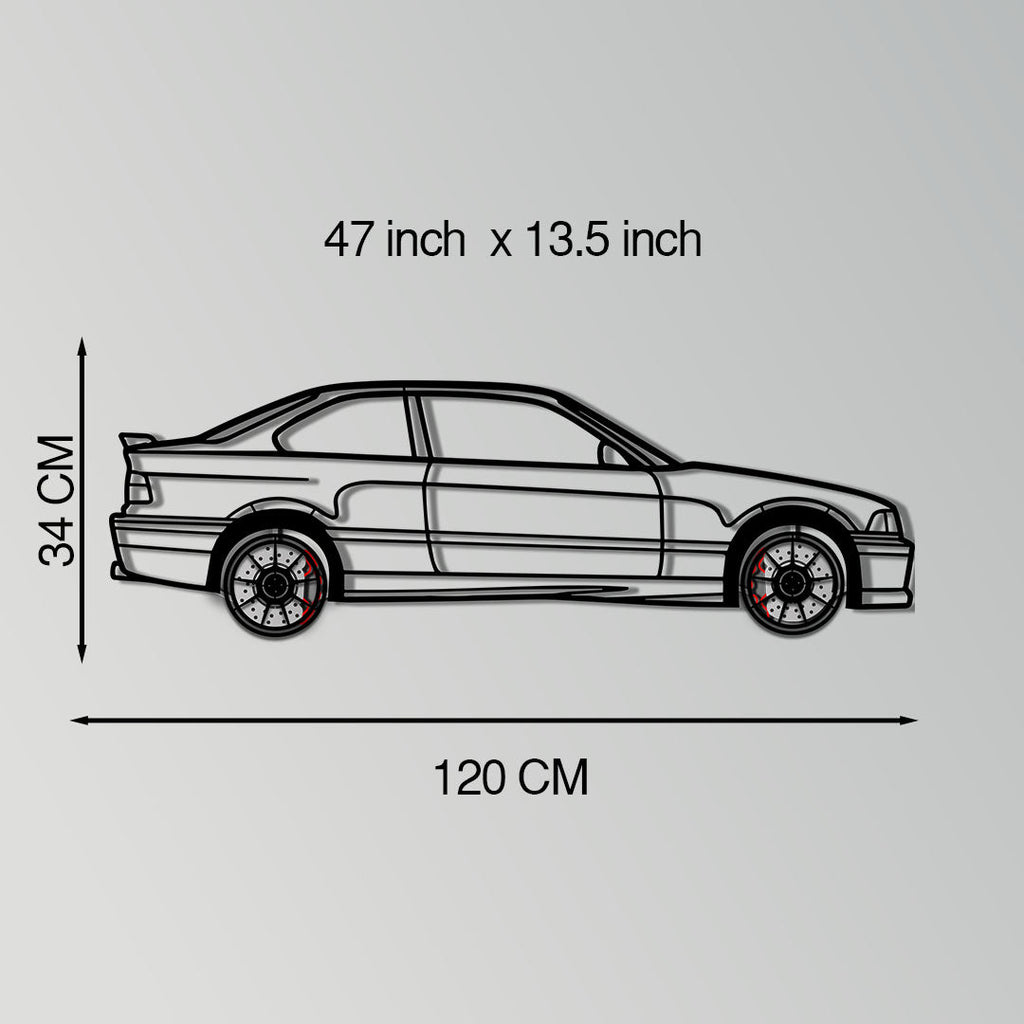 BMW E36 M3 Metal Car Wall Art with Rotating Wheels - 90s Performance Legend Silhouette - Interactive Automotive Wall Decor - KAFMEKA101