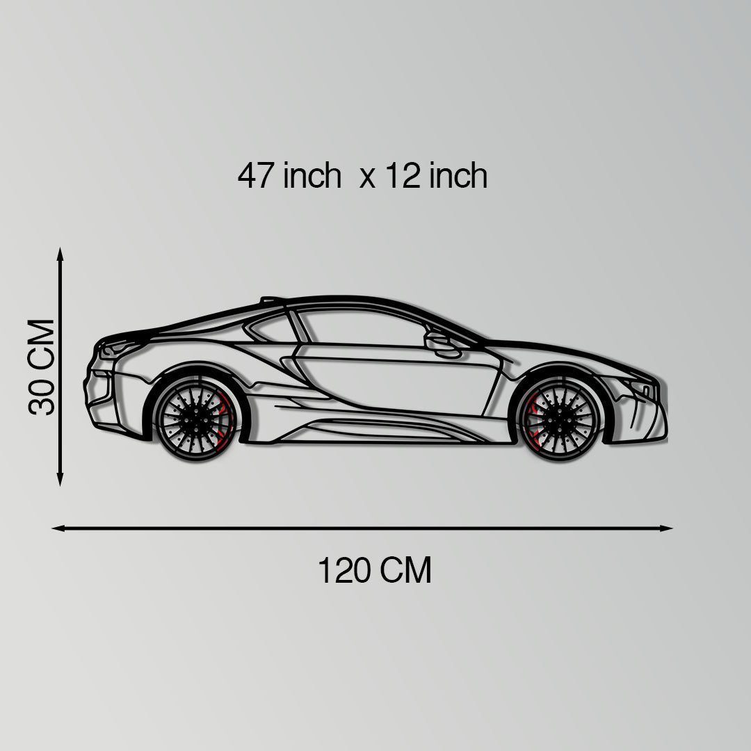 BMW i8 Metal Car Wall Art with Rotating Wheels - Futuristic Hybrid Supercar Silhouette - Interactive Automotive Decor - KAFMEKA106
