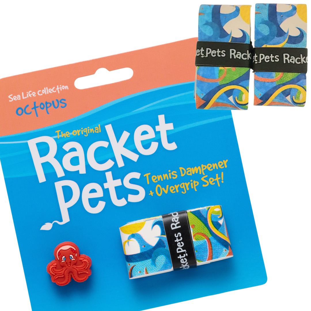 VALUE PACK - A Orange Octopus Racket Pet Tennis Dampener and Blue Overgrip Tape with a (Pack of 2) Replacement Overgrip Tape