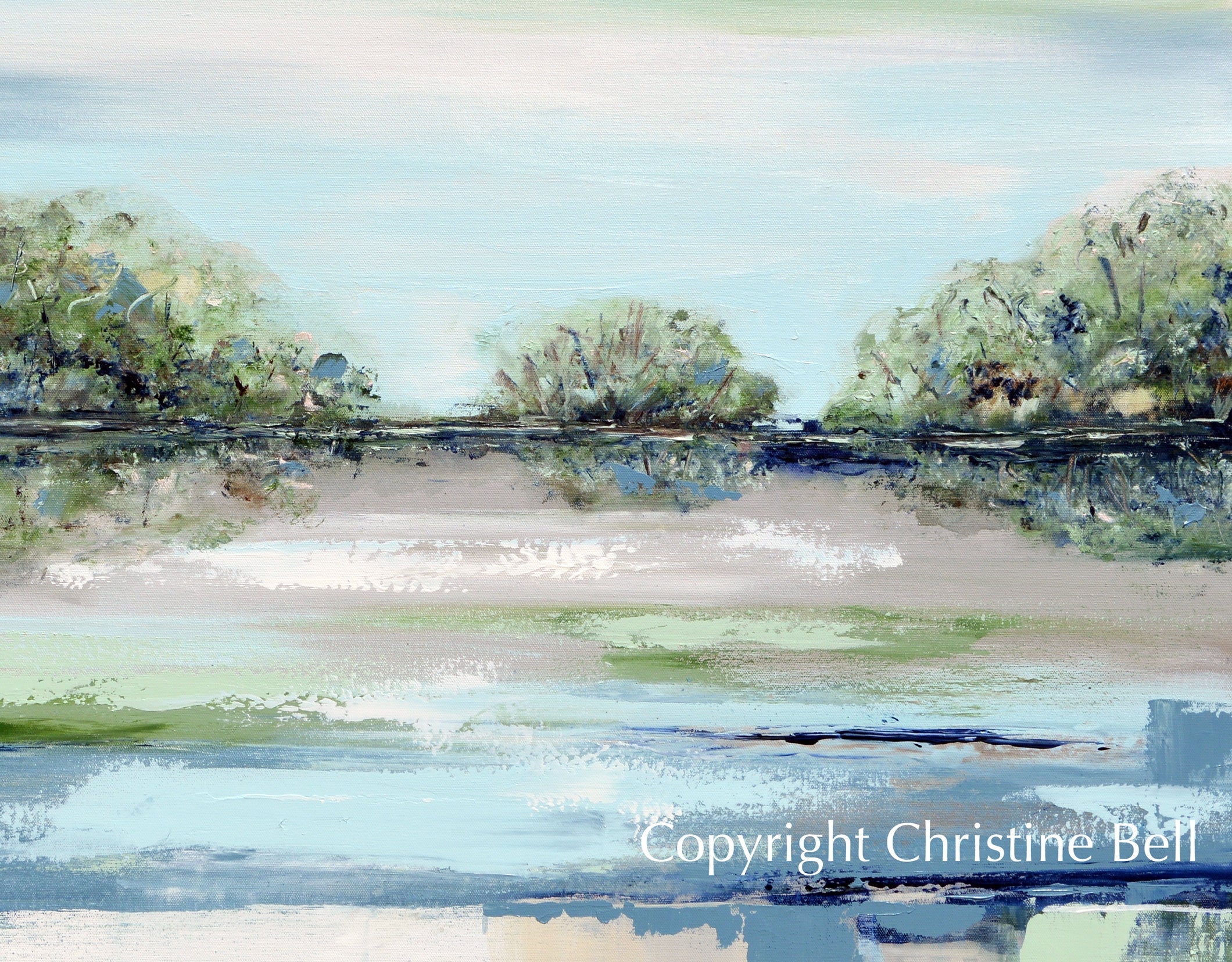 "Morning Meditation" GICLEE PRINT Art Coastal Abstract Painting Blue Green Grey Modern Landscape Trees