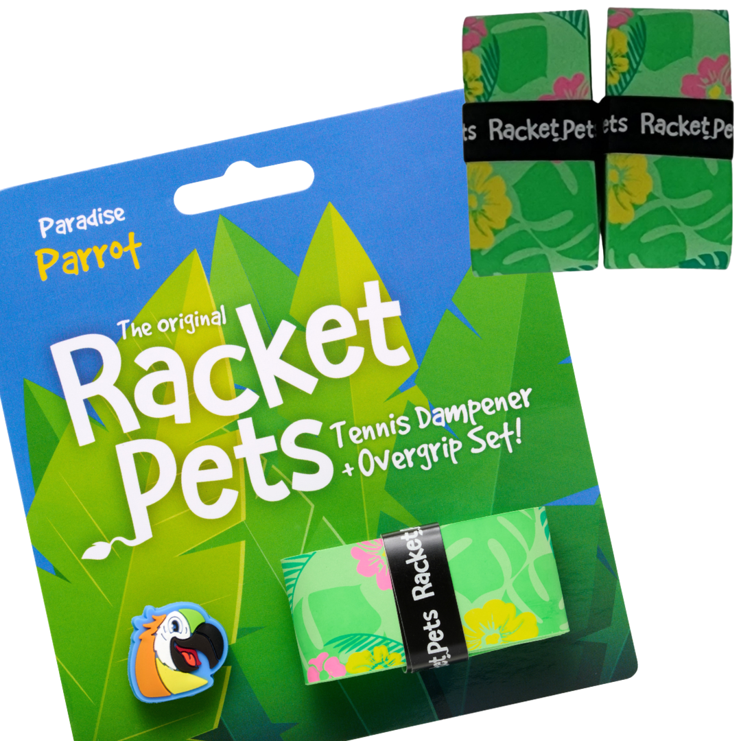 VALUE PACK - A Green Parrot Racket Pet Tennis Dampener and Green Overgrip Tape with a (Pack of 2) Replacement Overgrip Tape (Copy)