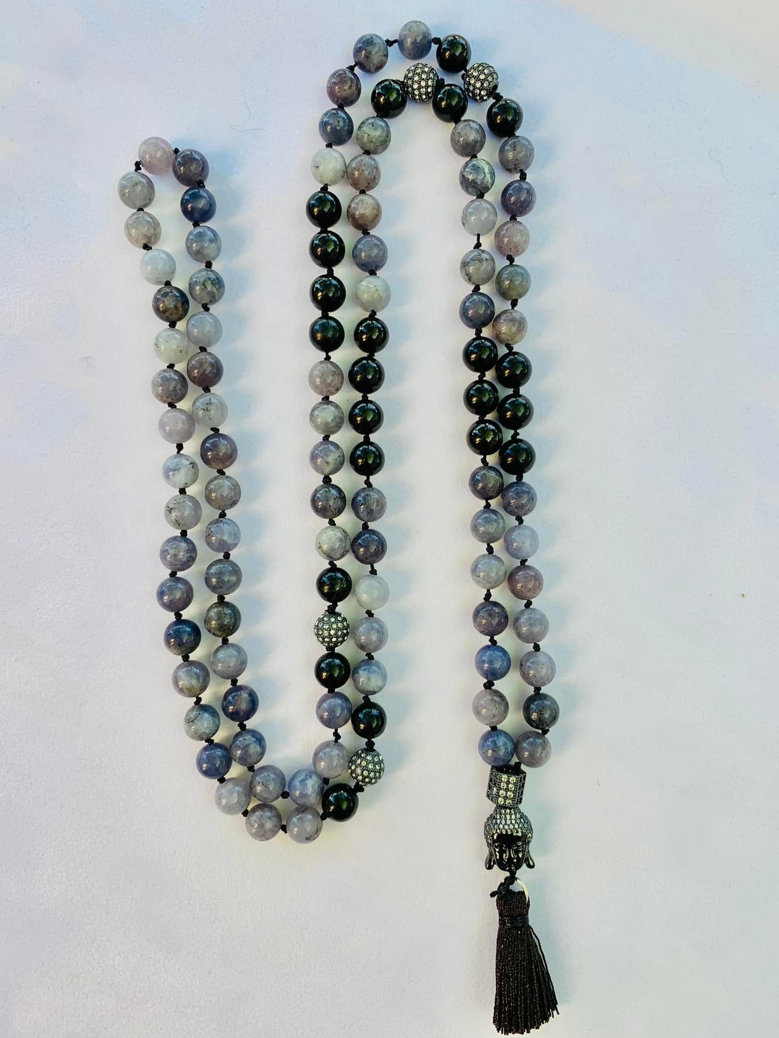 Persephone Mala - Connecting With Your Master Guide - Iolite, Shungite, Black Metal Accent Beads with Rhinestones