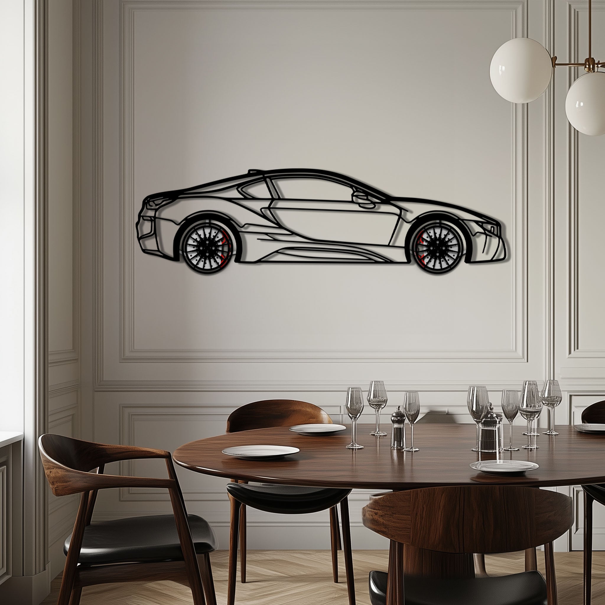 BMW i8 Metal Car Wall Art with Rotating Wheels - Futuristic Hybrid Supercar Silhouette - Interactive Automotive Decor - KAFMEKA106