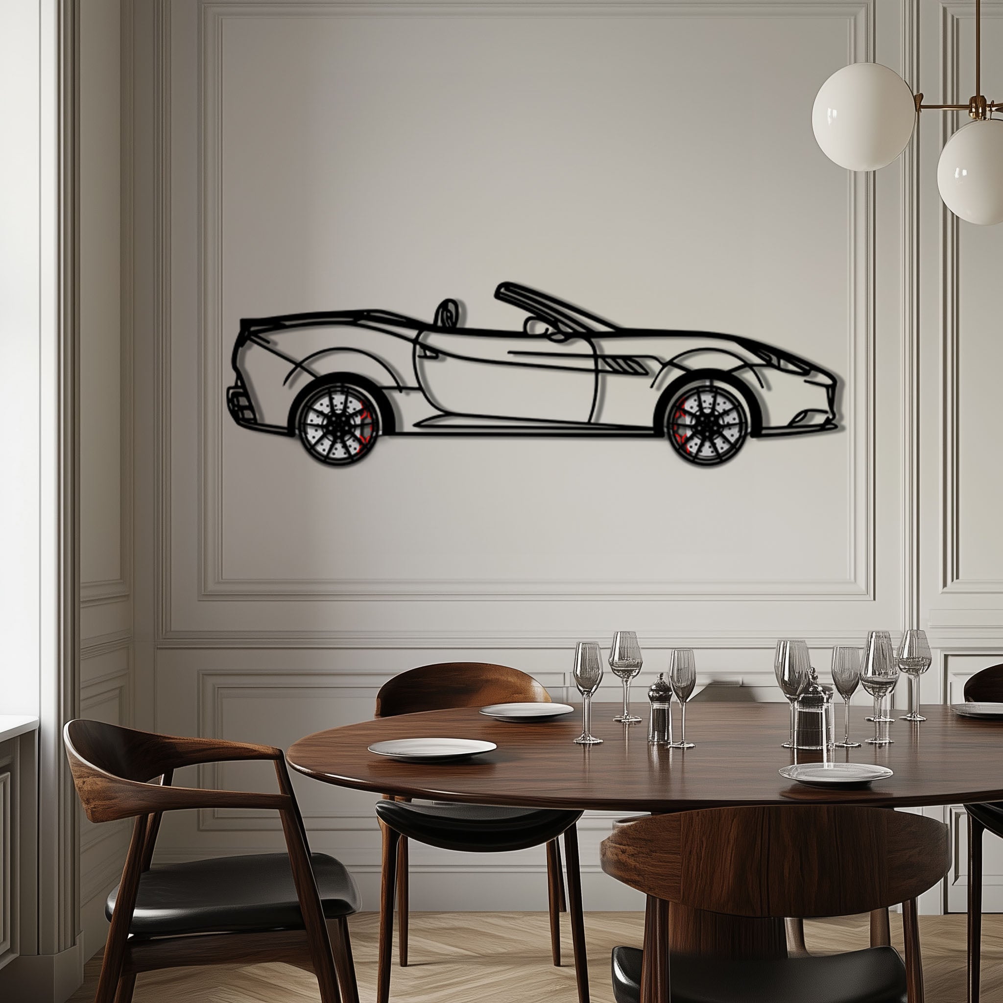 Ferrari California Metal Car Wall Art with Rotating Wheels - Italian V8 Grand Tourer Silhouette - Interactive Automotive Wall Decor - KAFMEKA130