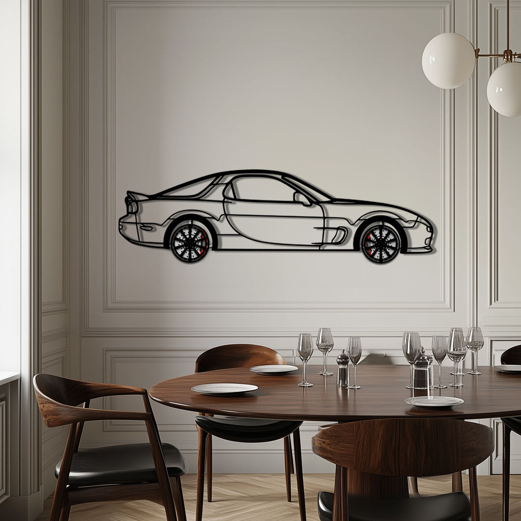 Mazda RX-7 Metal Car Wall Art with Rotating Wheels - FD3S Rotary Legend Silhouette - Interactive Automotive Wall Decor - KAFMEKA147