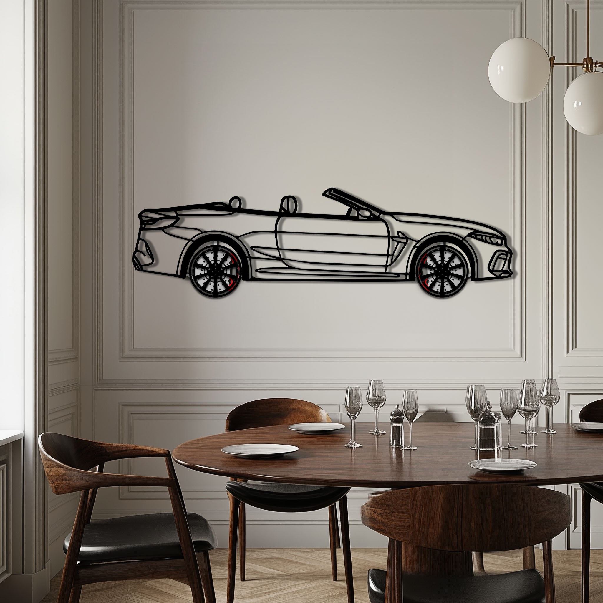 BMW M8 Competition Metal Car Wall Art with Rotating Wheels - M Power Luxury Silhouette - Interactive Automotive Wall Art - KAFMEKA109