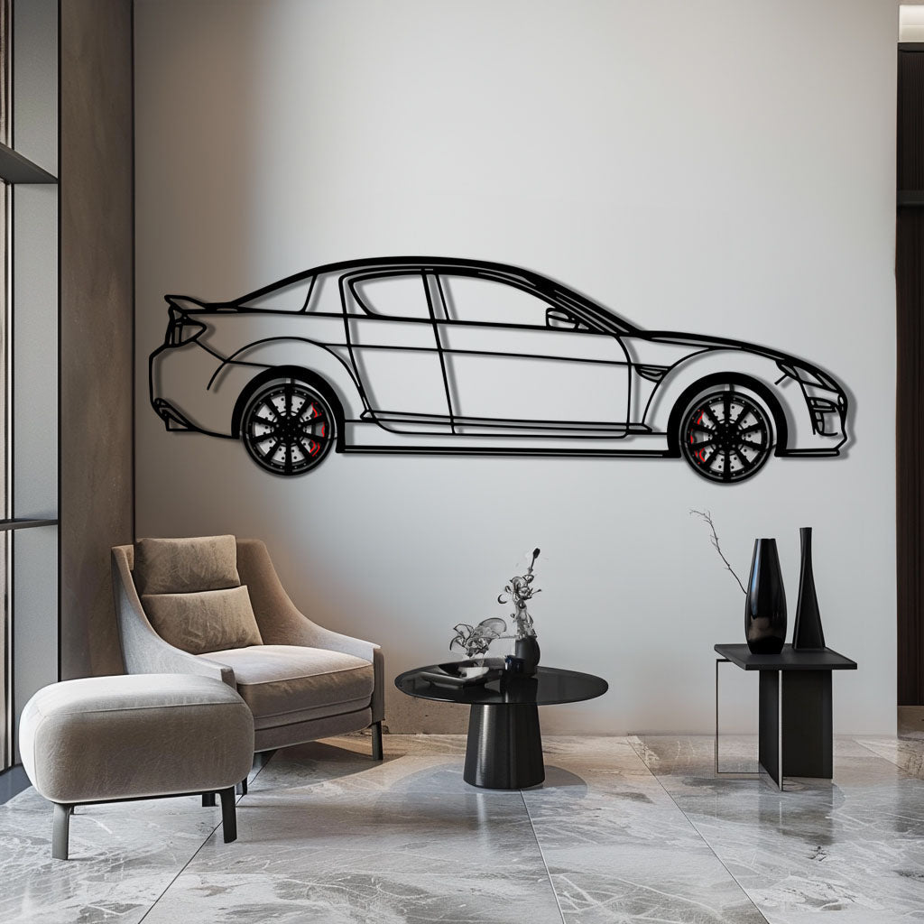 Mazda RX-8 Metal Car Wall Art with Rotating Wheels - Rotary Engine Silhouette - Interactive JDM Automotive Wall Decor - KAFMEKA148
