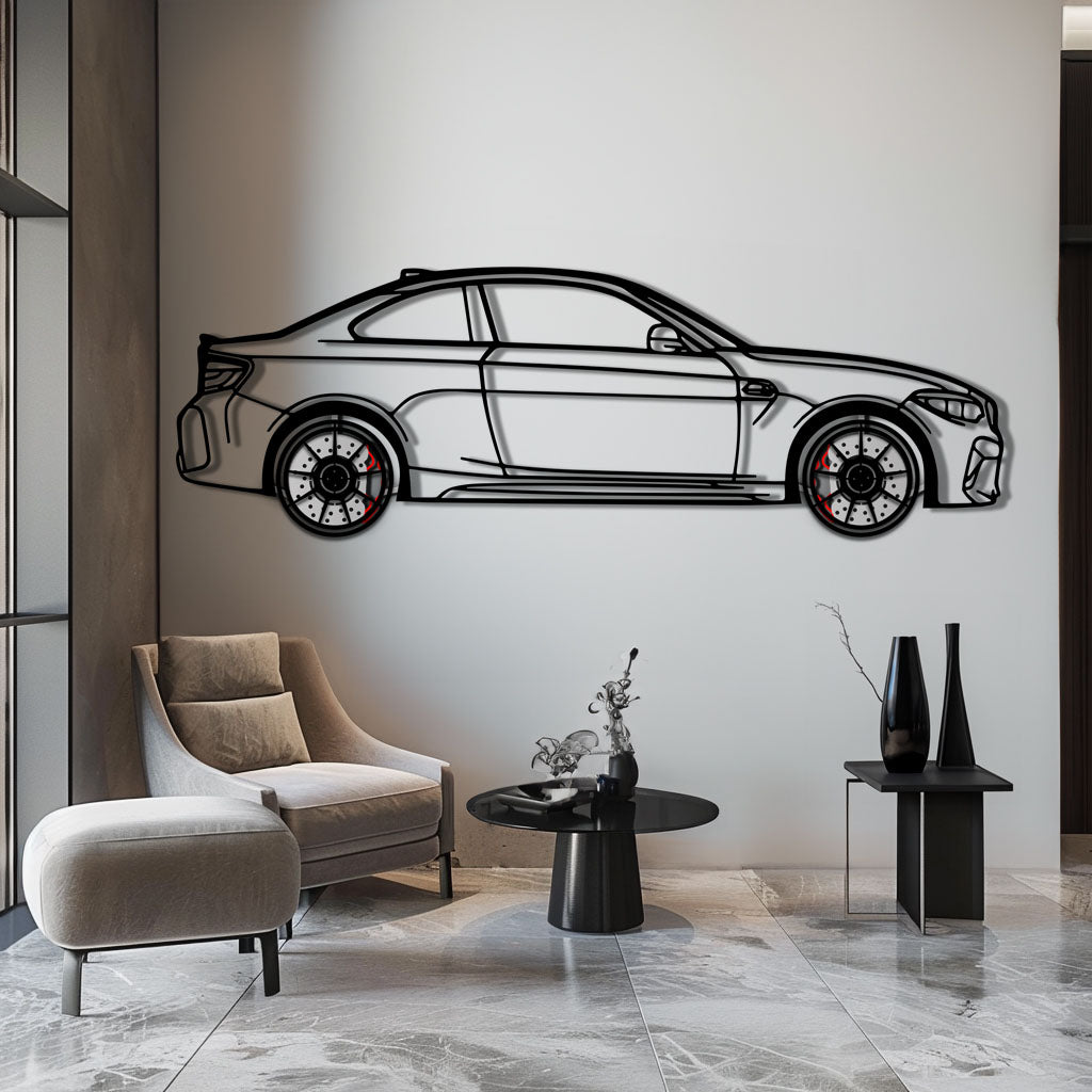 BMW M2 F87 Metal Car Wall Art with Rotating Wheels - M Power Compact Performance Silhouette - Interactive Automotive Decor - KAFMEKA107