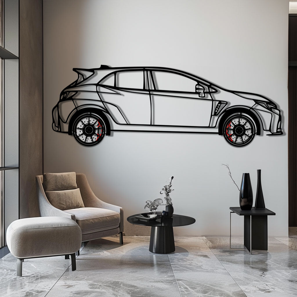 Toyota GR Corolla Metal Car Wall Art with Rotating Wheels - Rally-Inspired Hot Hatch Silhouette - Interactive JDM Automotive Decor - KAFMEKA158