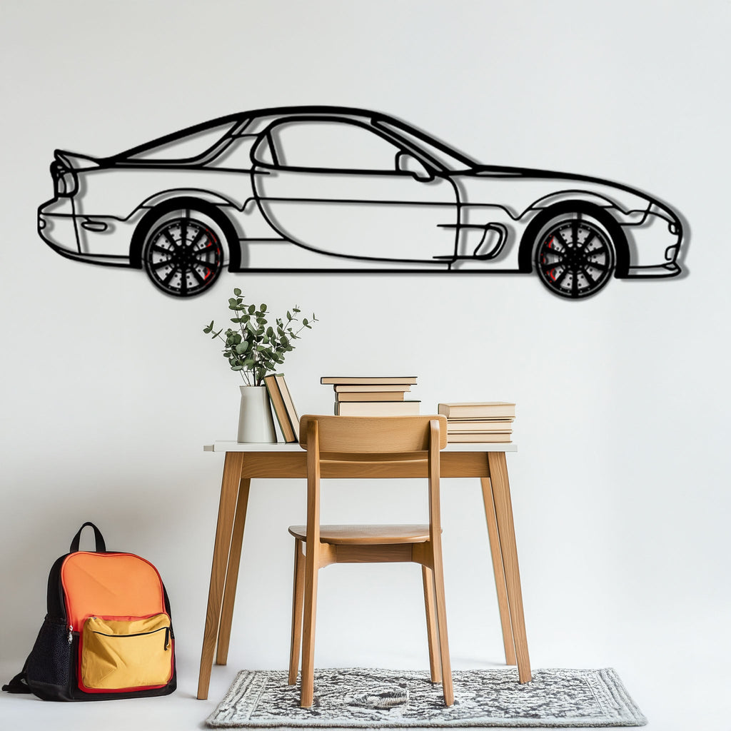 Mazda RX-7 Metal Car Wall Art with Rotating Wheels - FD3S Rotary Legend Silhouette - Interactive Automotive Wall Decor - KAFMEKA147