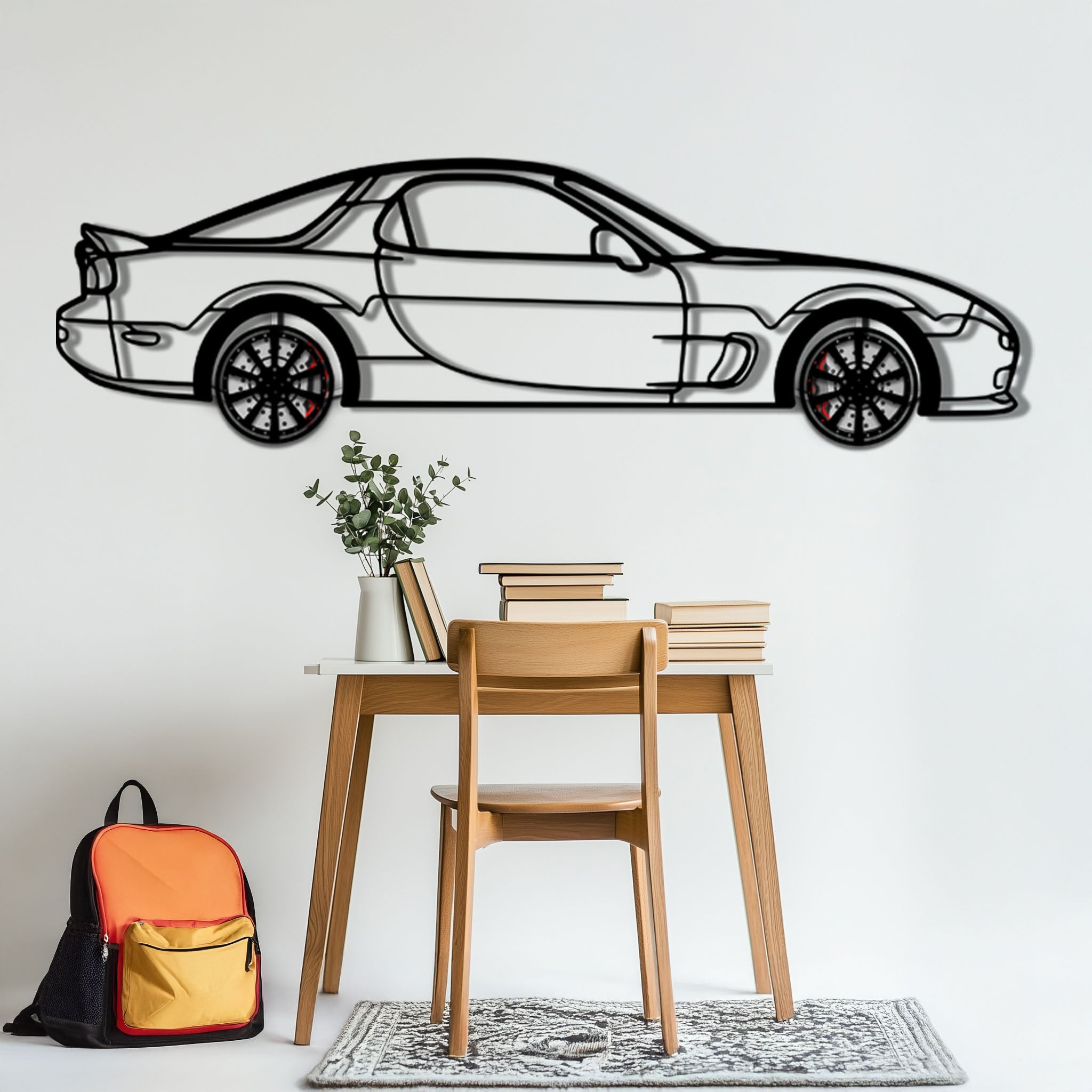 Mazda RX-7 Metal Car Wall Art with Rotating Wheels - FD3S Rotary Legend Silhouette - Interactive Automotive Wall Decor - KAFMEKA147