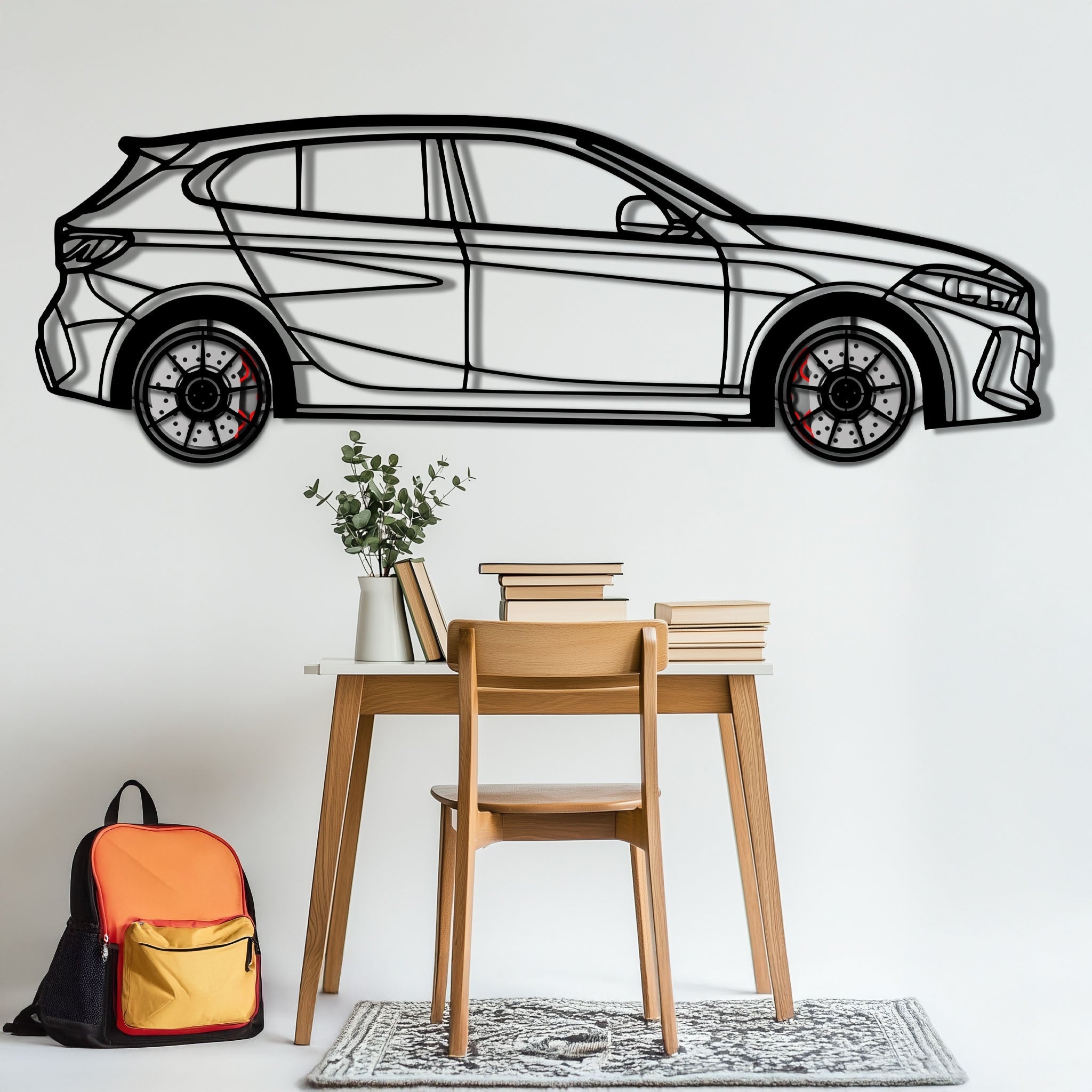 BMW 135i F40 Metal Car Wall Art with Rotating Wheels - M Performance Hatchback Silhouette - Interactive Automotive Decor - KAFMEKA102
