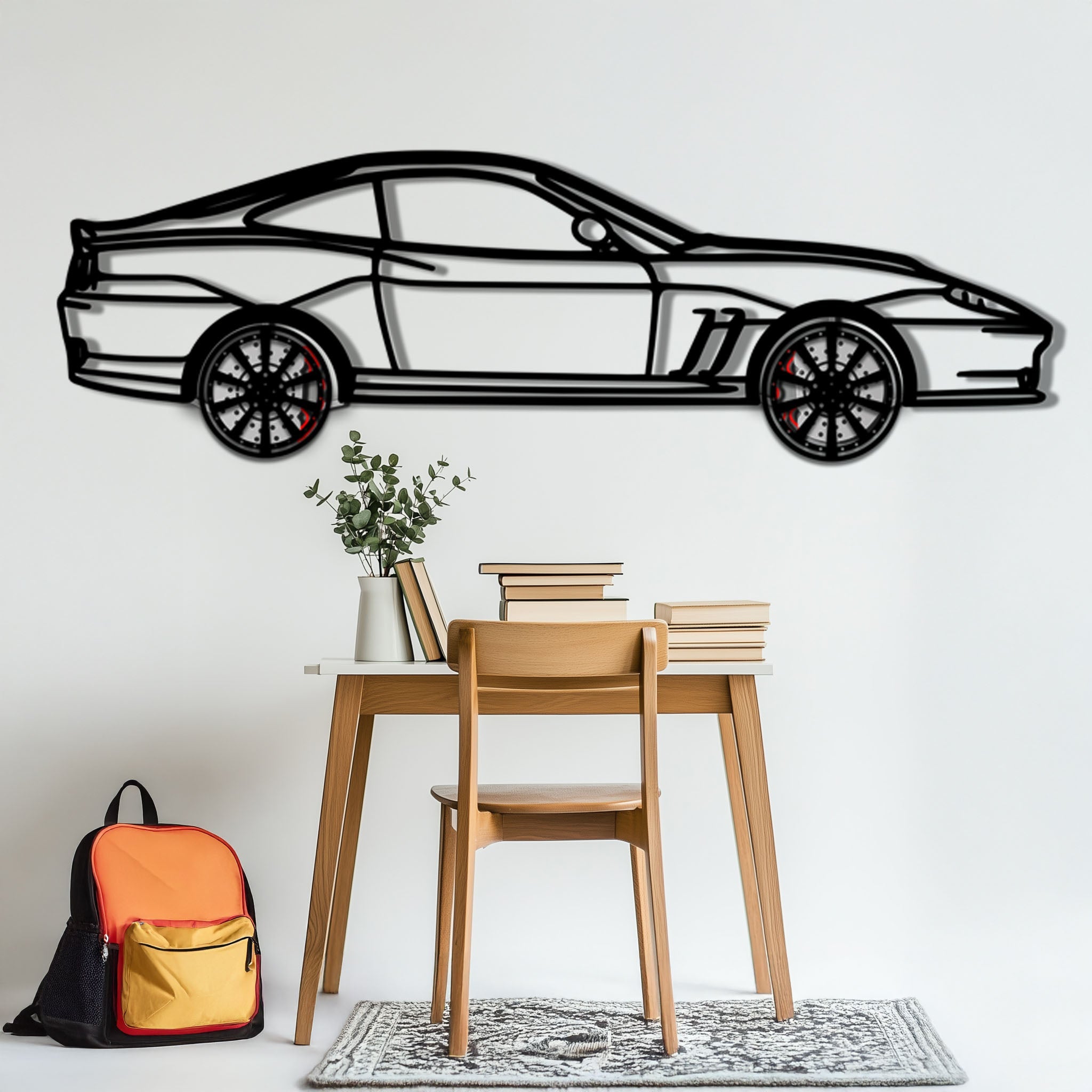 Ferrari 550 Maranello Metal Car Wall Art with Rotating Wheels - V12 Grand Tourer Silhouette - Interactive Automotive Wall Decor - KAFMEKA129