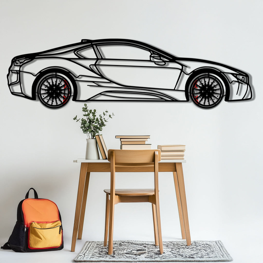 BMW i8 Metal Car Wall Art with Rotating Wheels - Futuristic Hybrid Supercar Silhouette - Interactive Automotive Decor - KAFMEKA106
