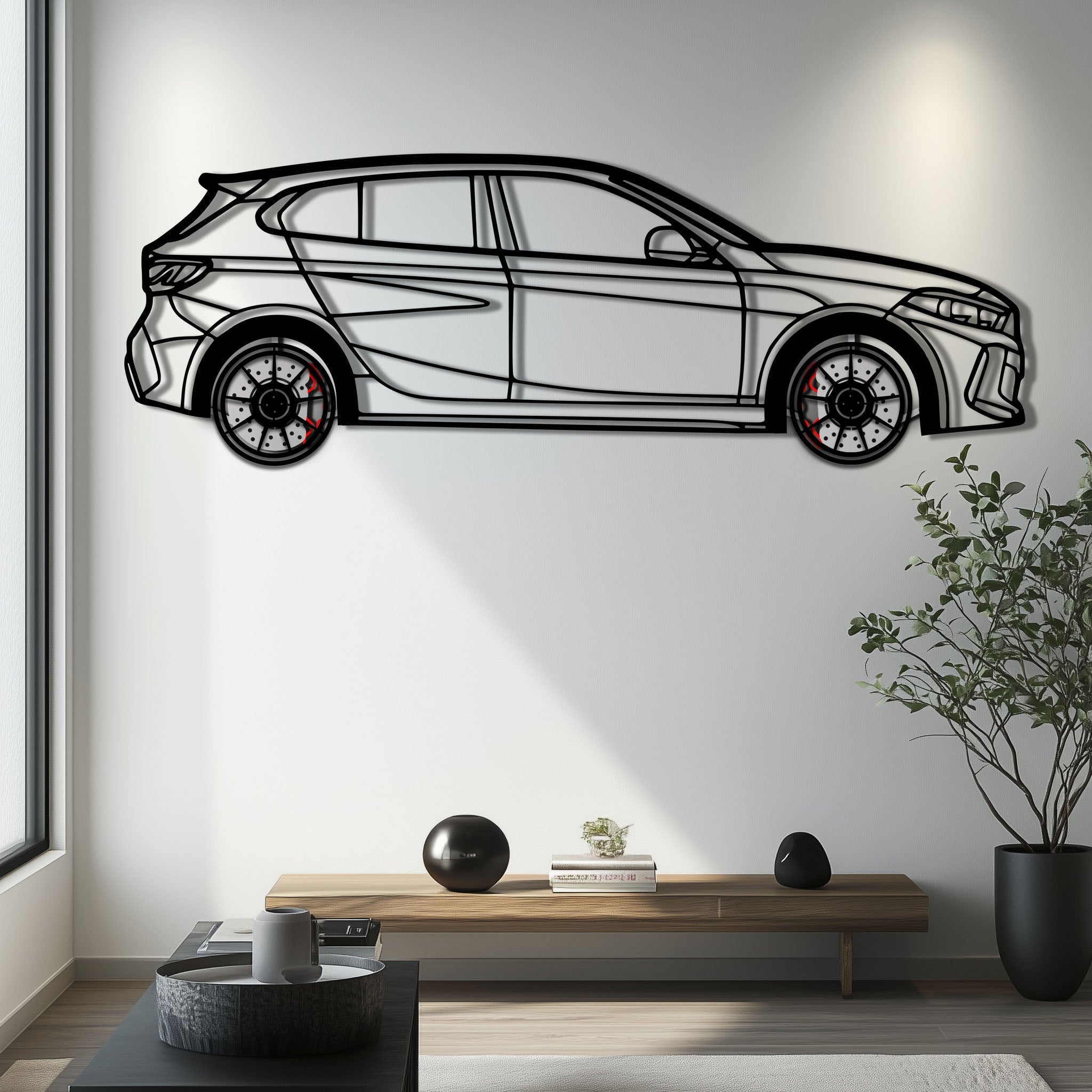 BMW 135i F40 Metal Car Wall Art with Rotating Wheels - M Performance Hatchback Silhouette - Interactive Automotive Decor - KAFMEKA102