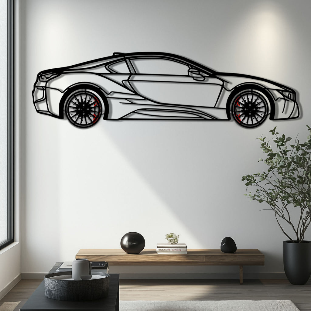 BMW i8 Metal Car Wall Art with Rotating Wheels - Futuristic Hybrid Supercar Silhouette - Interactive Automotive Decor - KAFMEKA106