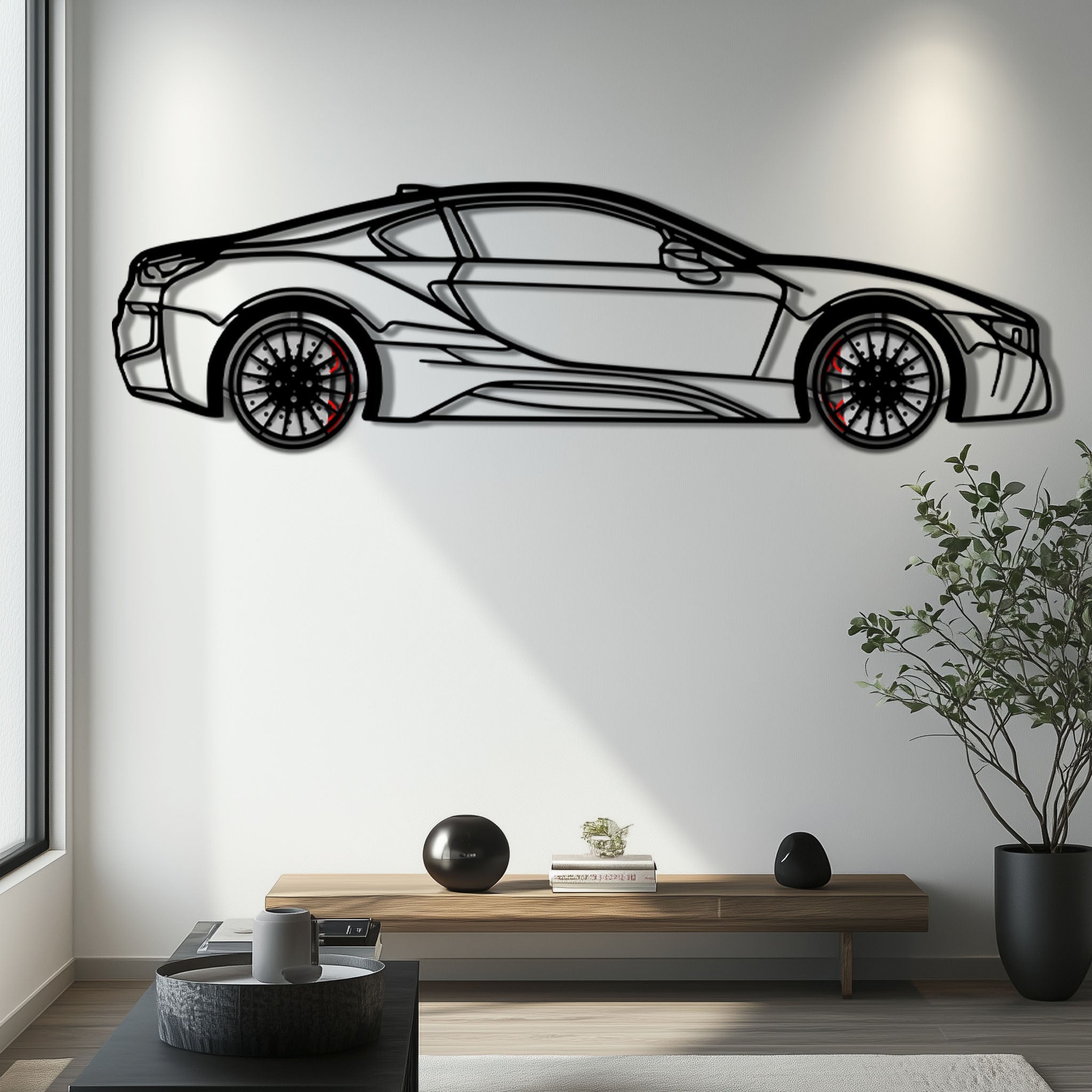 BMW i8 Metal Car Wall Art with Rotating Wheels - Futuristic Hybrid Supercar Silhouette - Interactive Automotive Decor - KAFMEKA106